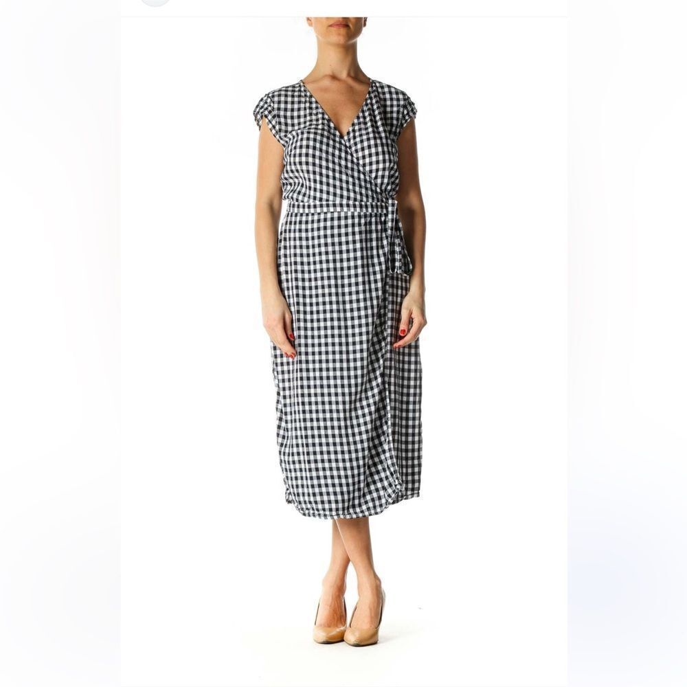 J.Crew Navy Blue White Midi Wrap Dress In Soft Rayon Gingham Size S